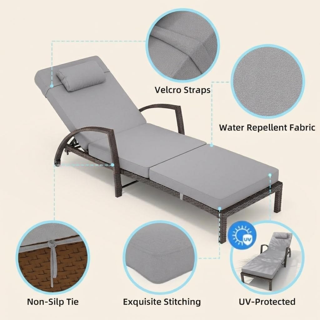 Garvee Outdoor Chaise Lounge Set of 2, 5-Position Adjustable PE Wicker Reclining Chairs with Wheels & 3.5" Cushions, 400 lbs Capacity All-Weather Patio Furniture for Poolside, Garden, Beach(Gray)