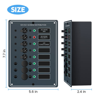 Haoguo AC Main 6 Positions Circuit Breaker Panel with Red Reverse Polarity LED Indicator, Included Free AC Isolation Back Cover, Pre-Wired, Ideal for Marine RV Yacht