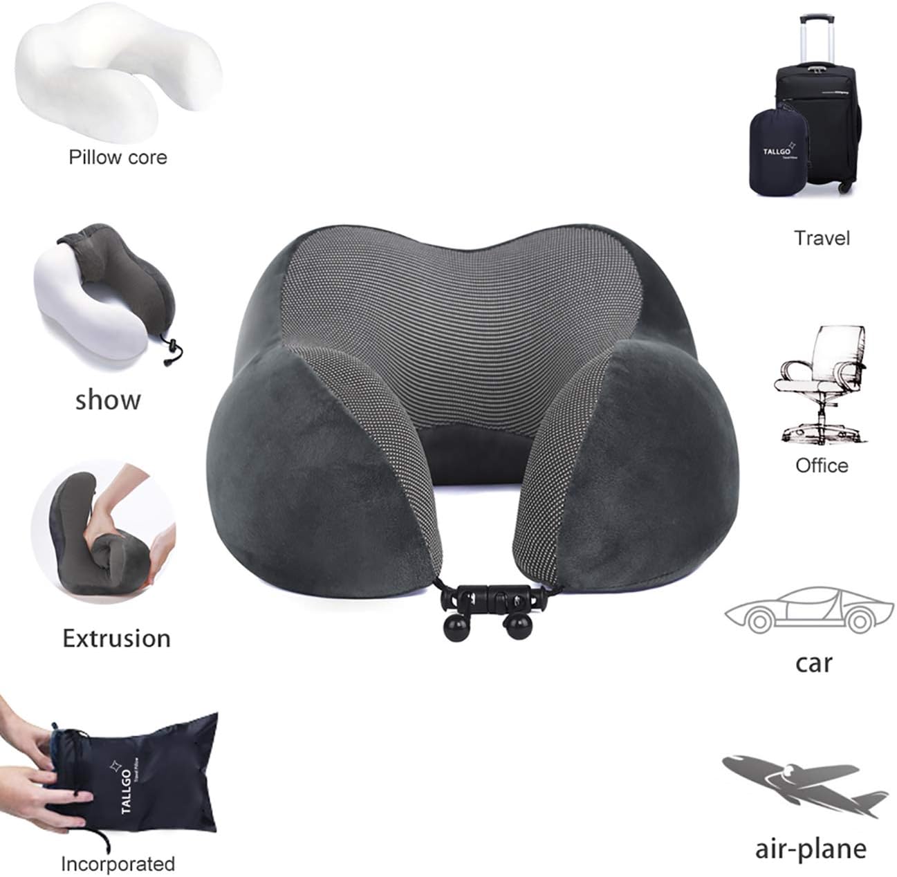 Travel Pillow, Best Memory Foam Neck Pillow for Sleeping, Airplane Car & Home Use (Grey)