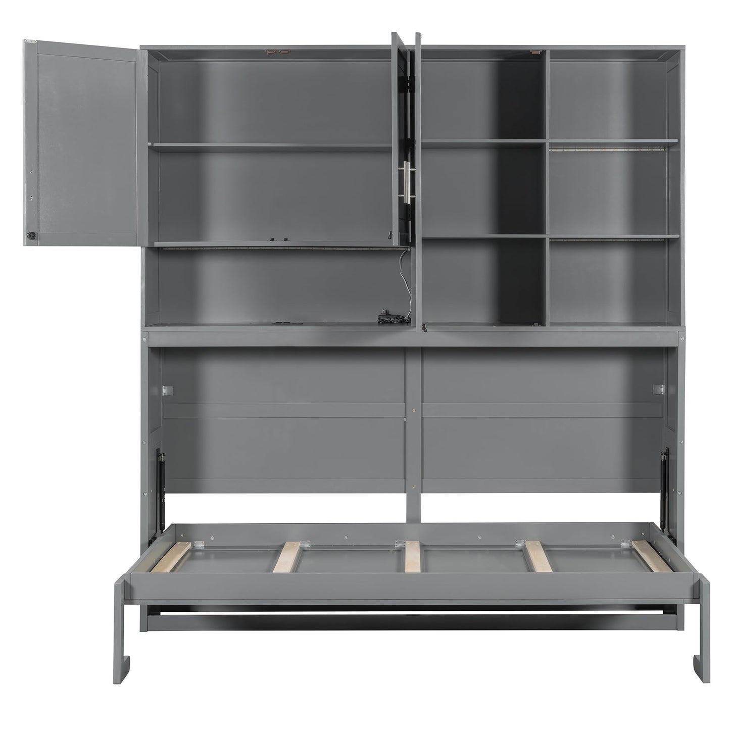 Ball & Cast Twin Size Murphy Bed,Foldable Wall Bed with Top Cabinet,Storage Shelves,Hidden Cabinet Bed Frame with Led Light and USB Port for Bedroom,Guest Room,Space Saving,No Box Spring Needed, Gray
