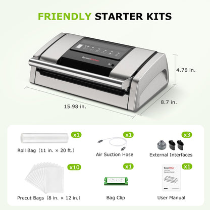 Bonsenkitchen Vacuum Sealer for Food, Easy-Lock Handle Vacuum Sealer Machine with Bag Clip, Built-in Cutter and Bag Storage for Sous Vide and Meal Prep, 1 Roll Bag & 10 Pre-Cut Bags, Silver