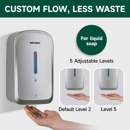 anydry Commercial Automatic Soap Dispenser Large 34oz/1000ml Capacity Wall-Mounted Touchless Liquid Dispenser for High-Traffic Restrooms, Offices, Hospitals Model AD1220S Silver