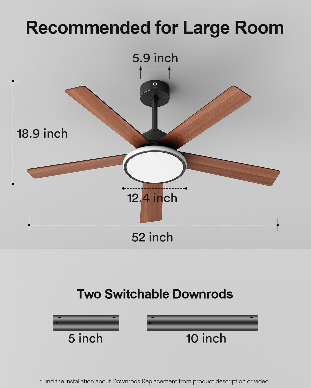 Lumary 52'' Smart Ceiling Fan with RGBAI Lights Remote, WiFi Bluetooth Low Profile Ceiling Fan with Alexa Google App, Dimmable & Color Tuning, 46 Scene, Modern Flush Mount for Bedroom Living Room