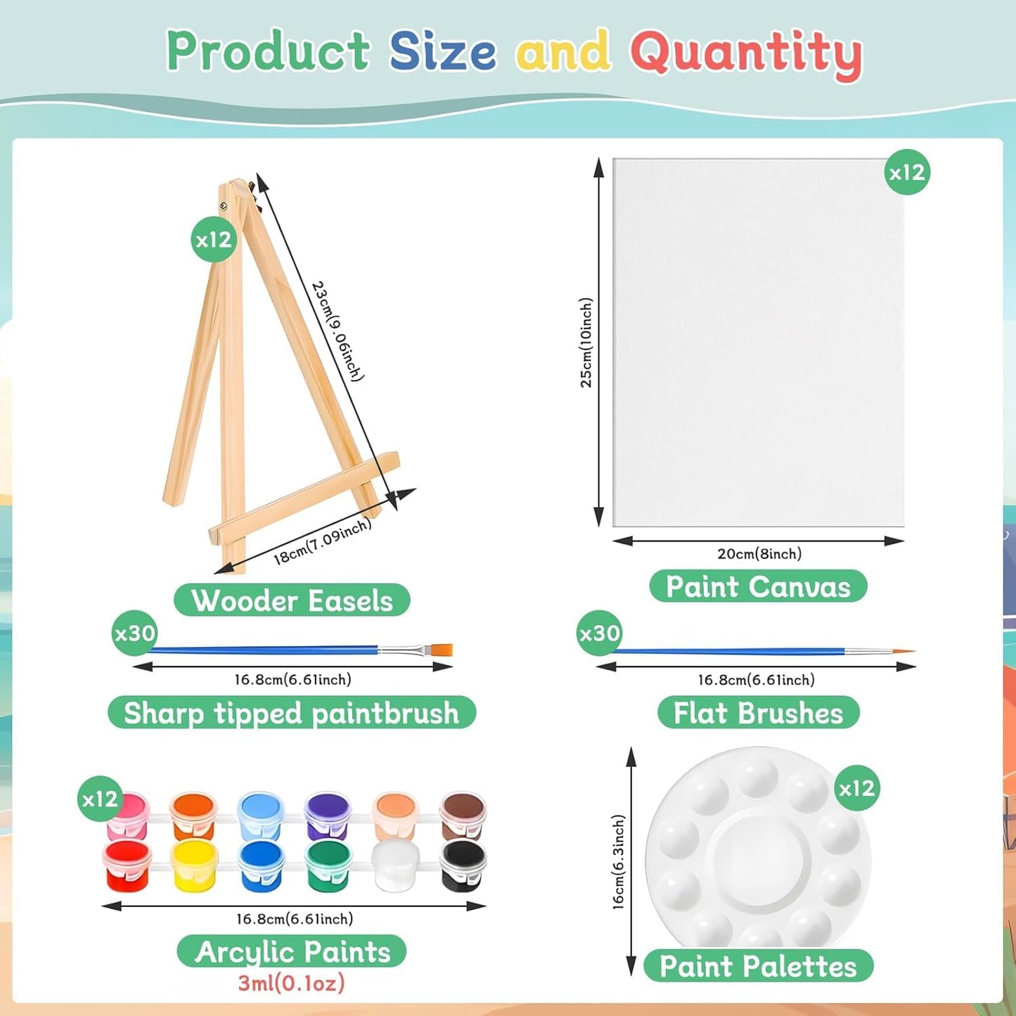 120pcs 8x10 Inch Painting Supplies Kit, 12Pack Art Canvas Bulk with Easel Stand, 12 Colors Mini Acrylic Paint Set, Small Paint Brushes, Paint Trays, Painting Kit