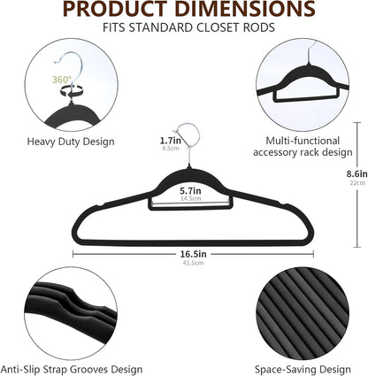 Skiennix Velvet Hangers - 50 Pack Heavy Duty Non-Slip Space Saving Coat Hangers | Black with 360° Rotating Hook