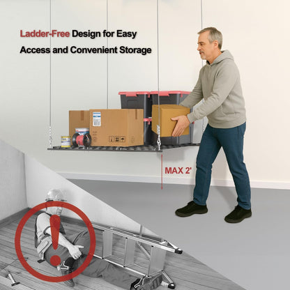 Overhead Garage Storage Rack for 8-10 FT Ceiling, 4x4 FT Ceiling Storage Racks with Safety Lock, Ideal for Garage Storage Mounted Lift System and Storage Organizer, 250lbs Capacity