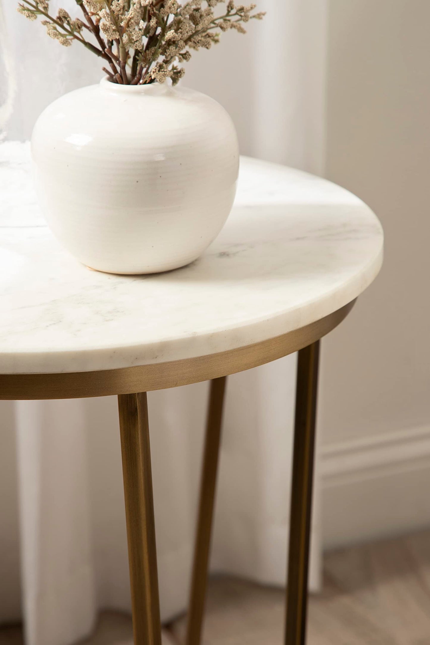 Kate and Laurel Solvay Round Metal and Marble Side Table; 16 x 16 x 24; White Marble and Antique Brass; Modern Glam Bedroom Nightstand Table with Premium Natural Marble Stone and Iron Base