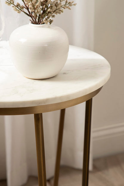 Kate and Laurel Solvay Round Metal and Marble Side Table; 16 x 16 x 24; White Marble and Antique Brass; Modern Glam Bedroom Nightstand Table with Premium Natural Marble Stone and Iron Base