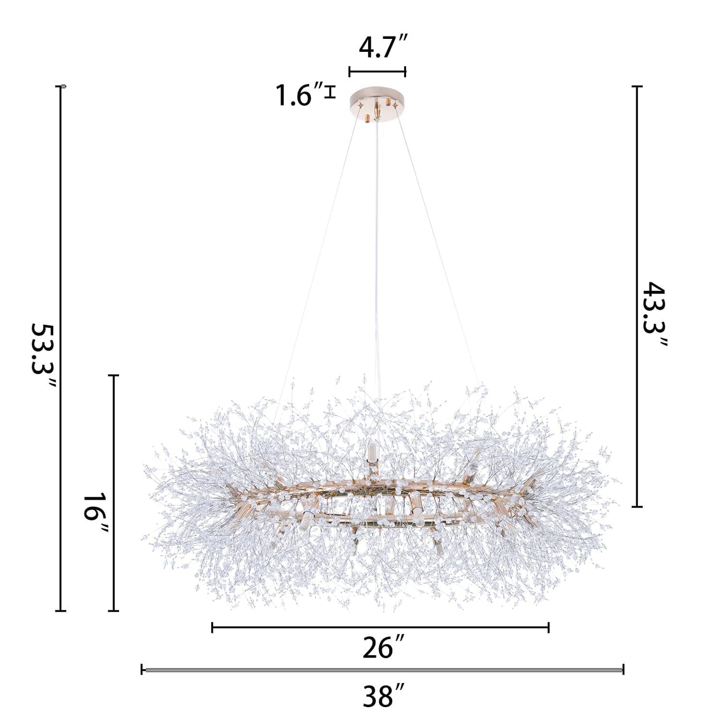 Wellmet Firework Chandelier 38 inch, Modern Crystal Chandelier Gold Wagon Wheel Light Fixture, Mid Century Round Ceiling Lighting for Dining Room, Foyer, Living Room, Bedroom, Hallway, Entryway