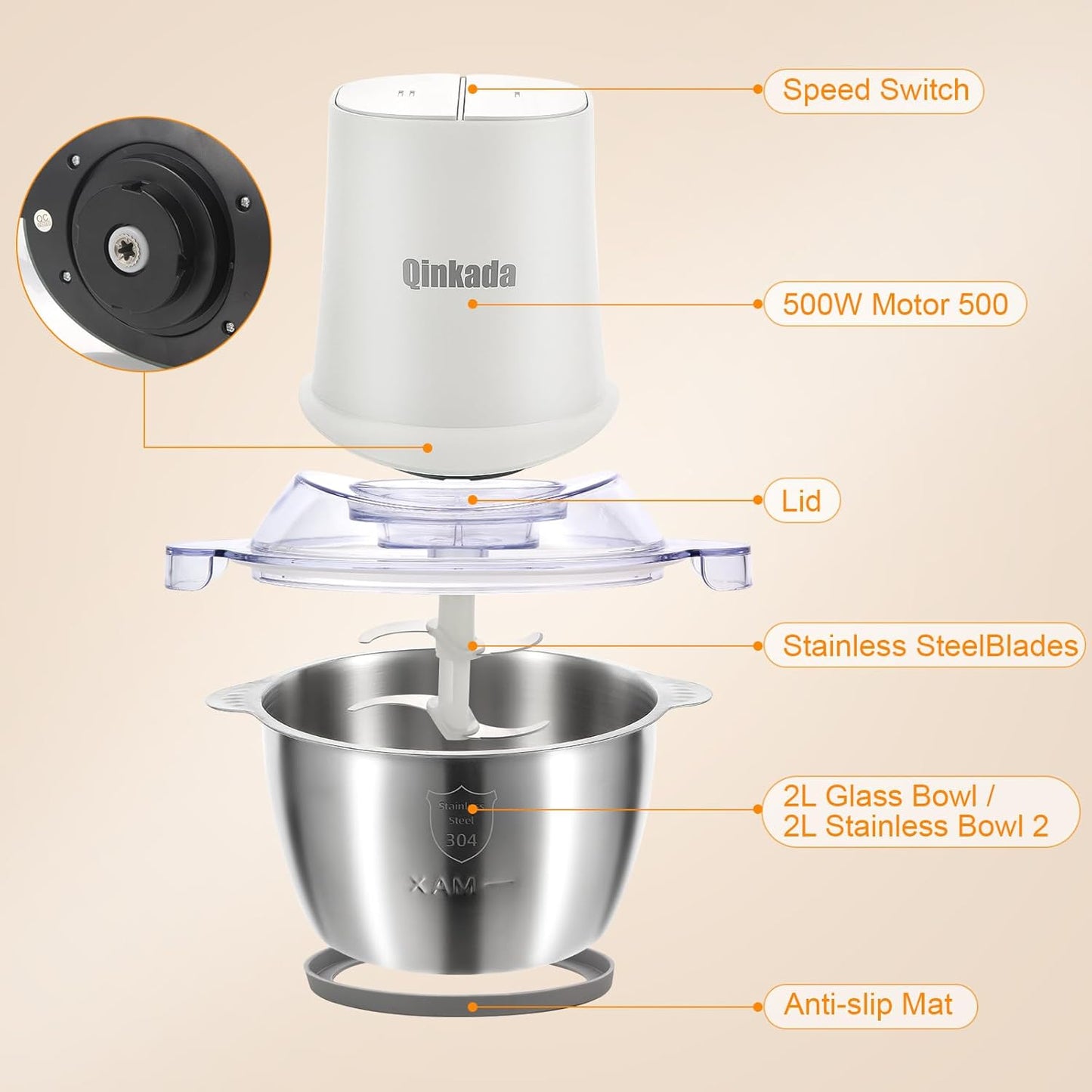 Food Processor Electric with 2 Bowls, 400W Meat Grinder, 8Cup Glass & 304 Stainless Steel, 2 Blades, Spatula (White)