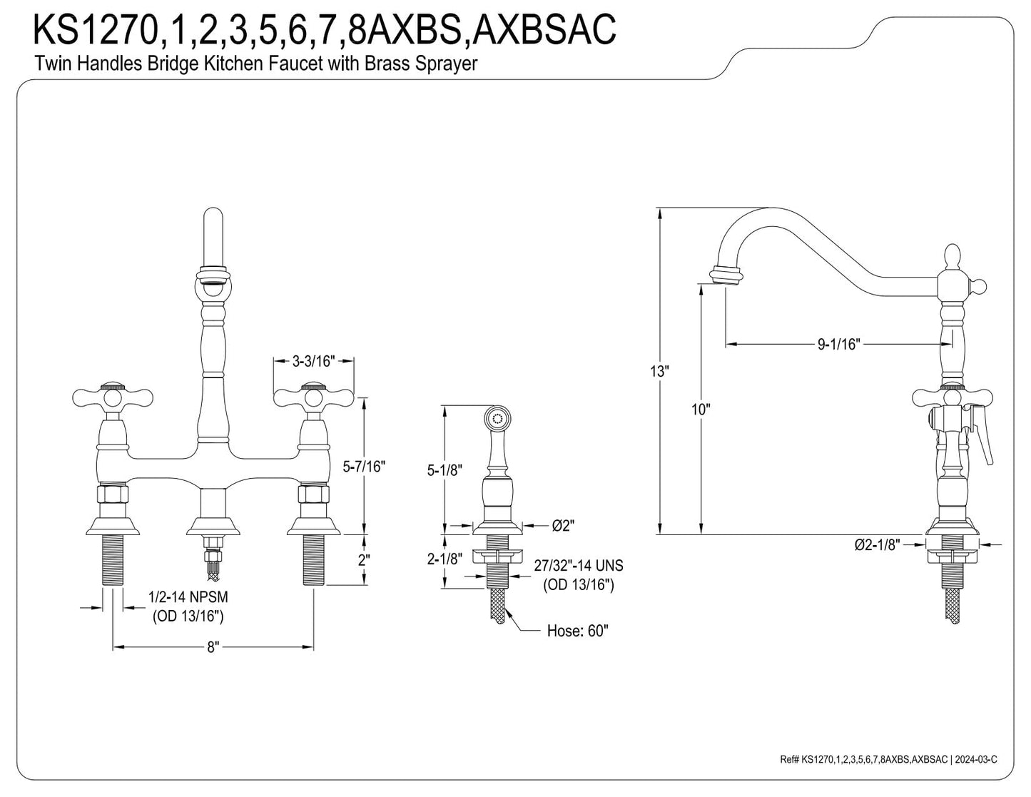 Kingston Brass KS127AXBSAC Heritage Bridge Kitchen Faucet, Antique Copper, 11.19 x 8.56 x 13.13