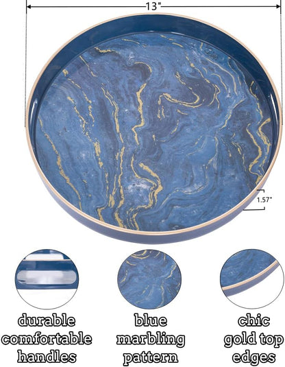 13" MAONAME Round Decorative Tray, Marbling Plastic Tray with Handles, Coffee Table Trays for Ottoman, Kitchen