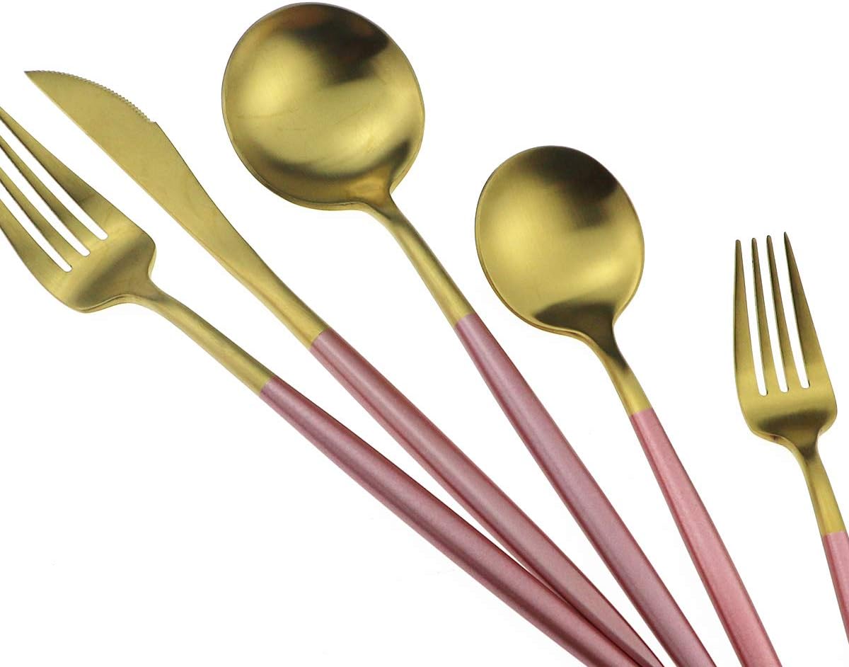 Gugrida Pink Gold Flatware Set, 5 Piece Matte Pink Handle 18/10 Stainless Steel Tableware for 1, Camping Utensils