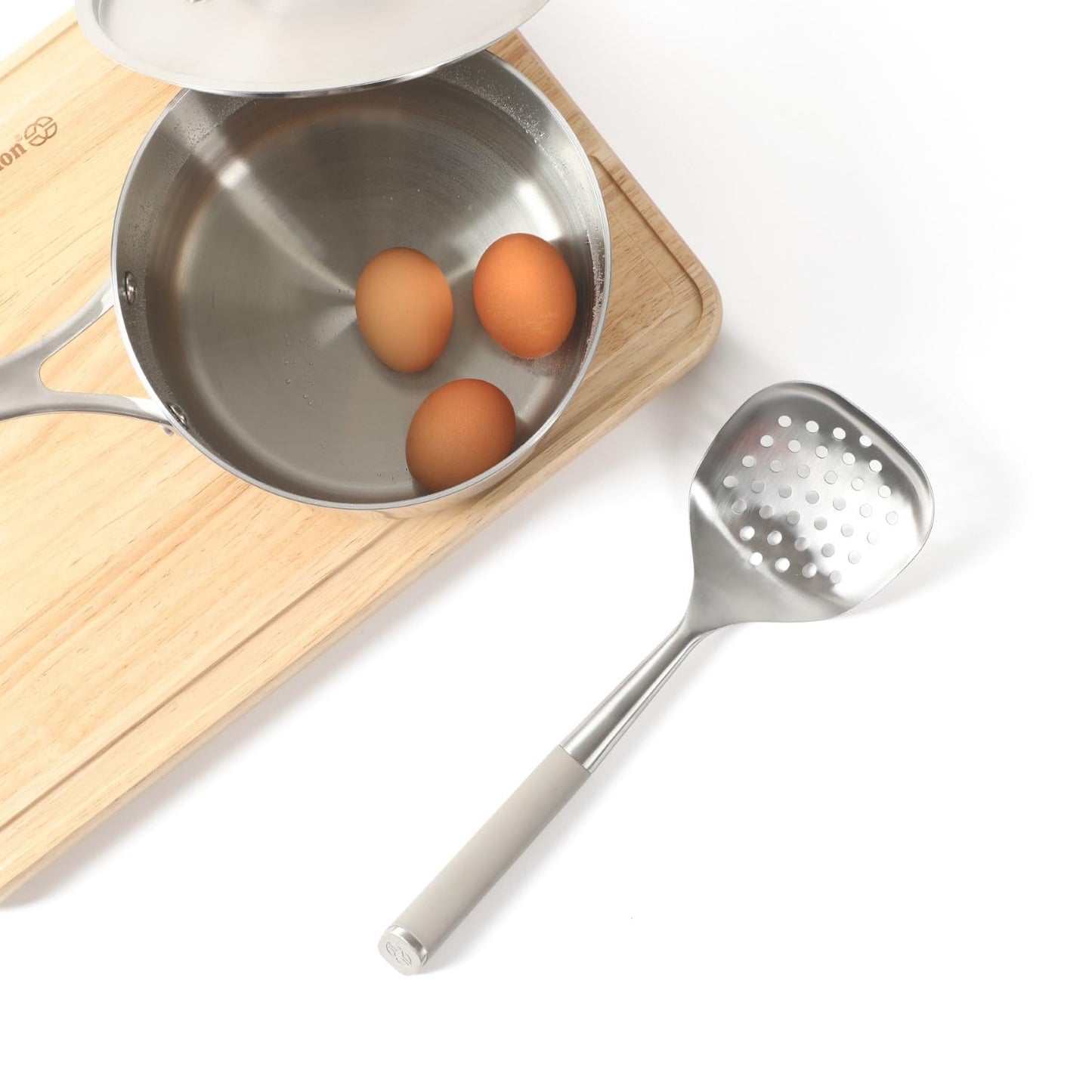 Calphalon Edge Stainless Steel Slotted Spoon/Skimmer with Taupe Handle, Slotted Cooking Tool for Draining and Skimming, Heat-Resistant, Durable Kitchen Utensil for Everyday Use