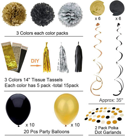 Black and Gold Party Decorations - DIY Tissue Paper Pom Poms, Balloons, and Garland