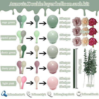 Pink Green Balloon Arch with Artificial Flowers Double Stuffed Dusty Light Pink Sage Green Balloon Garland Kit Eucalyptus Leaves for Baby in Bloom Birthday Bridal Shower Wildflower Party Decorations