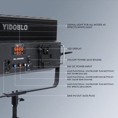 Yidoblo GL-3000C 300W RGB LED Video Light with APP & remoter Control, 1% Precise Min Dimming/360° RGB/CRI 97+/TLCI 98+/2800K-9900K/14 Effects Light Scenes for Studio Lighting Photography Videography