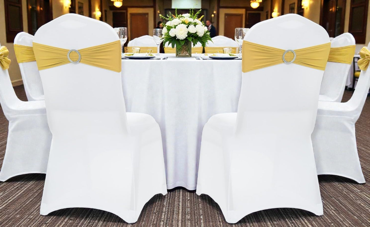 MDS Spandex Chair Sashes - Pack of 150 Elastic Stretch Bows with Buckle Slider for Wedding Decor | Gold