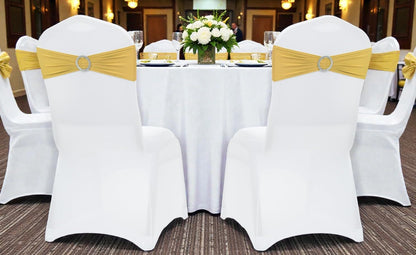 MDS Spandex Chair Sashes - Pack of 150 Elastic Stretch Bows with Buckle Slider for Wedding Decor | Gold