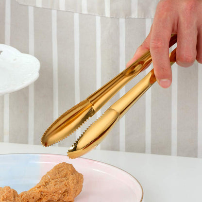 BYEGOU 6 Pieces Stainless Steel Food Serving Tongs, 9-Inch Gold Kitchen Tongs with Non-Slip Serrated Tips, Ideal for Buffet, BBQ, Restaurant, Party, Kitchen Home Use, Dishwasher Safe