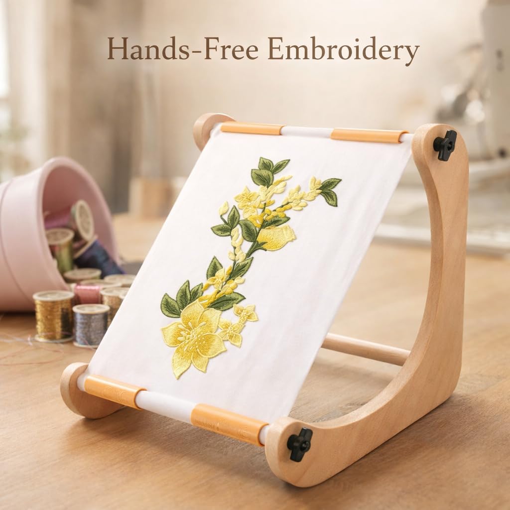 Embroidery Table Stand for Lap or Tabletop, Hands-Free Wooden Needlepoint Holder with 2 Pole Sets for Cross Stitch, Sewing and Needlework