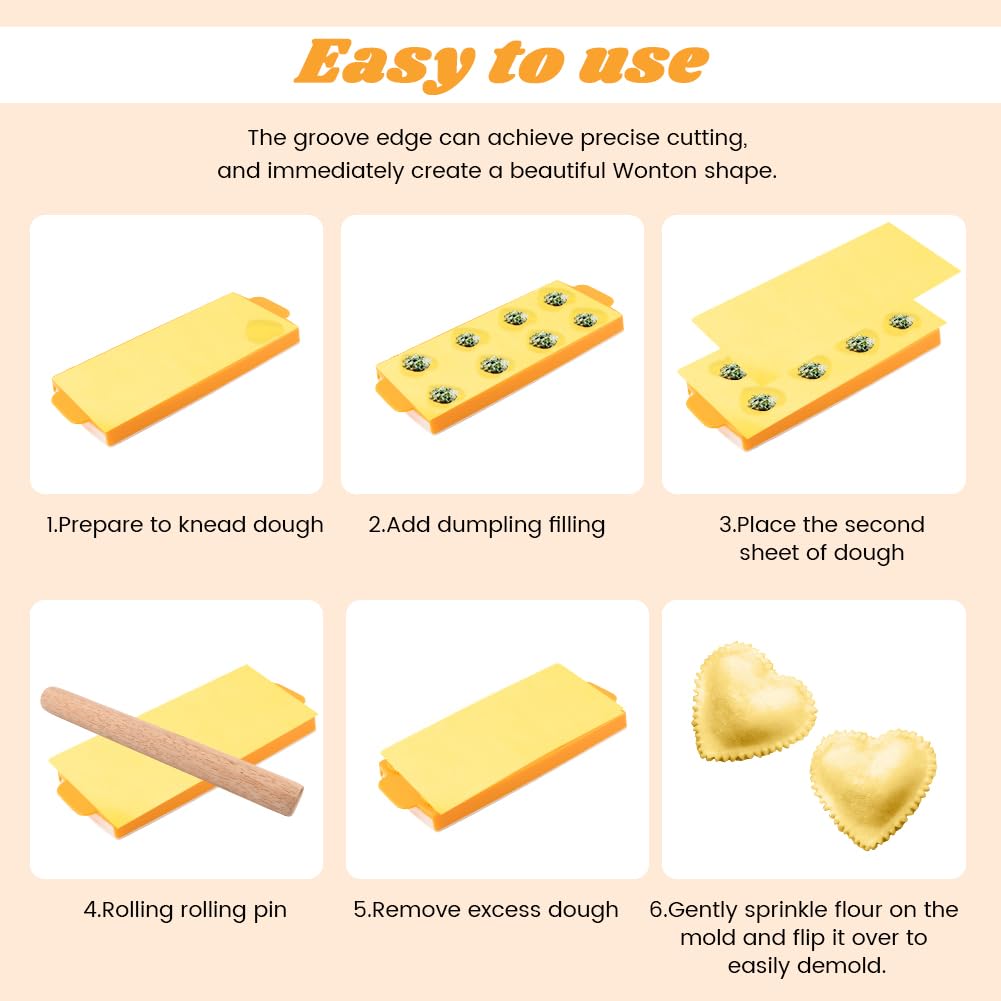 8PCS Ravioli Maker Press Set,Ravioli Stamp Maker Cutter with Wood Rolling Pin,Empanada Maker-Press,Ravioli Wheel and Stuffing Spoon,for Homemade Pasta,Dumpling,Pastry Kit(Yellow)