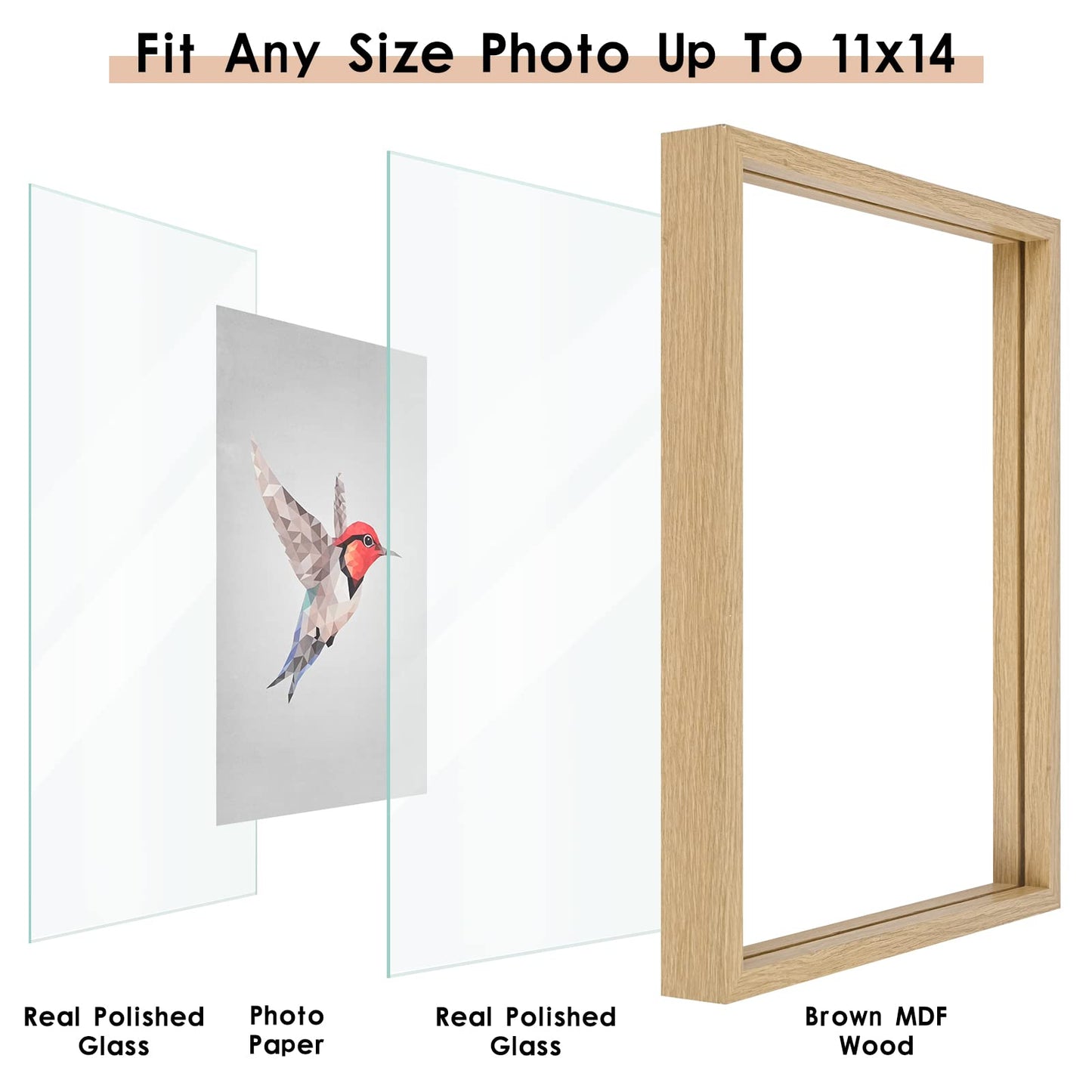MUYE 11x14 Floating Frame Set of 2,Double Glass Rustic Frame,Display Any Size Photo up to 11x14,Wall Mount or Tabletop Standing,Natural