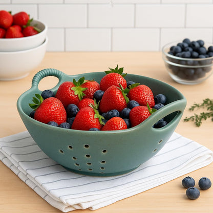 Amitofo Matte Glaze Ceramic Berry Colander Bowl with Handles – 8.5" Handle-to-Handle × 8" Bowl Dia × 3.3" High – Rustic Stoneware Drain Bowl for Fruit, Berries, and Kitchen Decor (Matte Green)