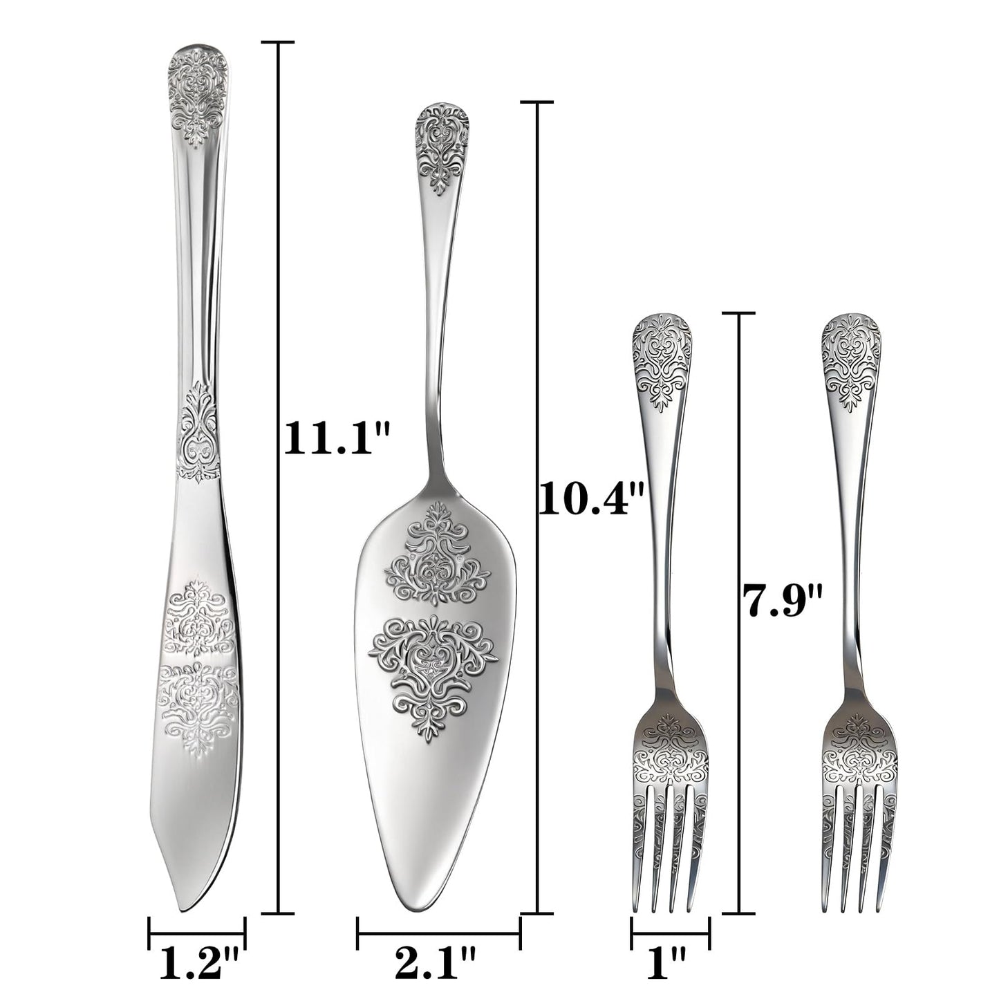DEAYOU 4 PCS Wedding Cake Knife and Server Set, Stainless Steel Cake Cutting Set with Forks, Engraved Cake Cutter Pie Spatula for Engagement, Anniversary, Birthday, Bride and Groom Gift, Silver