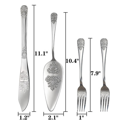DEAYOU 4 PCS Wedding Cake Knife and Server Set, Stainless Steel Cake Cutting Set with Forks, Engraved Cake Cutter Pie Spatula for Engagement, Anniversary, Birthday, Bride and Groom Gift, Silver