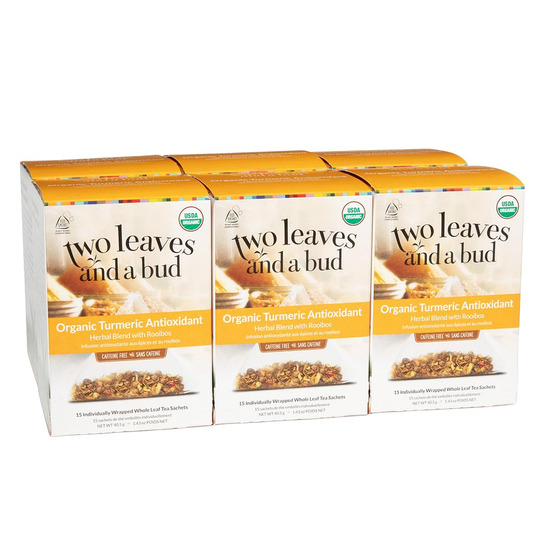 Two Leaves and a Bud Organic Turmeric Tea, Naturally Caffeine Free, Whole Leaf Herbal Tea in Sachets, 15 Count (Pack of 6)