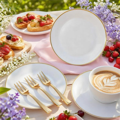 Festiva 200Pcs Gold Dessert Plates 6.3" with Forks 5"- Small Disposable Dessert/Appetize/Cake Plates Plates- serve 100 guests include 100Plates 100Forks for Wedding &Birthday Party & Outdoor