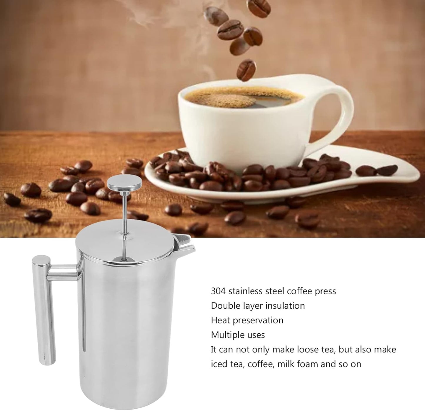 Stainless Steel Insulated Coffee Press, 800ML French Press Coffee Tea Maker, Rust-Free & Dishwasher Safe