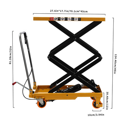 Hydraulic Lift Table,Manual Scissor Lift Table Hydraulic Lift w/Locking Wheels and 4 Wheels,51’’Lifting Height Double Scissor Platform Truck for Material Handling and Transportation (330LBs Capacity)