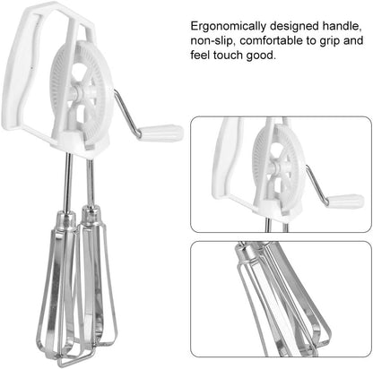 Egg Whisk, Manual Stainless Steel Hand Mixer with Double Wheel Design and Rotation Handle, White