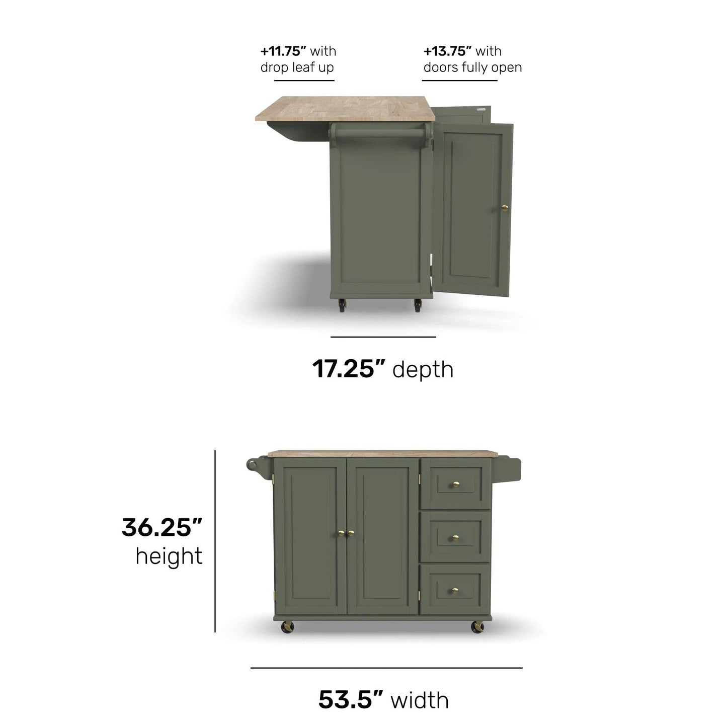 Homestyles Mobile Kitchen Island Cart with Wood Top and Dropleaf Breakfast Bar, 18" D x 53.5" W x 36" H, Green