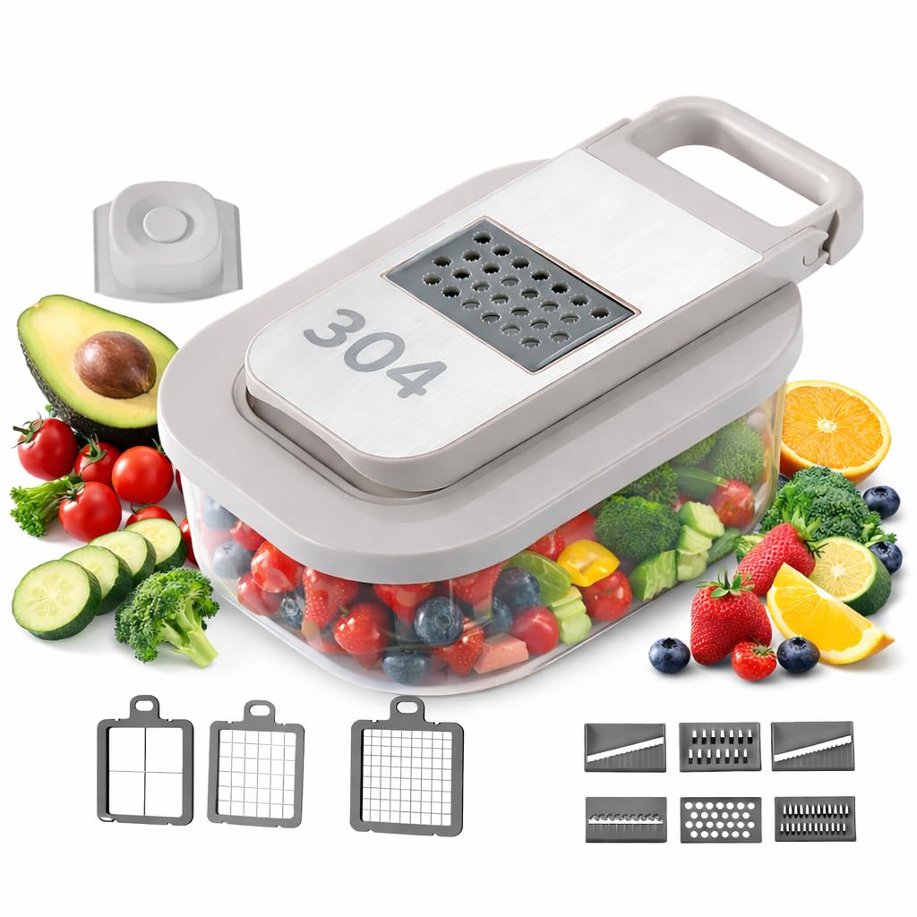All-in-One Food Chopper & Mandoline Slicer, 9-in-1 Vegetable Chopper with Interchangeable Stainless Steel Blades, BPA-Free Manual Onion Dicer, Julienne & Grater with Container
