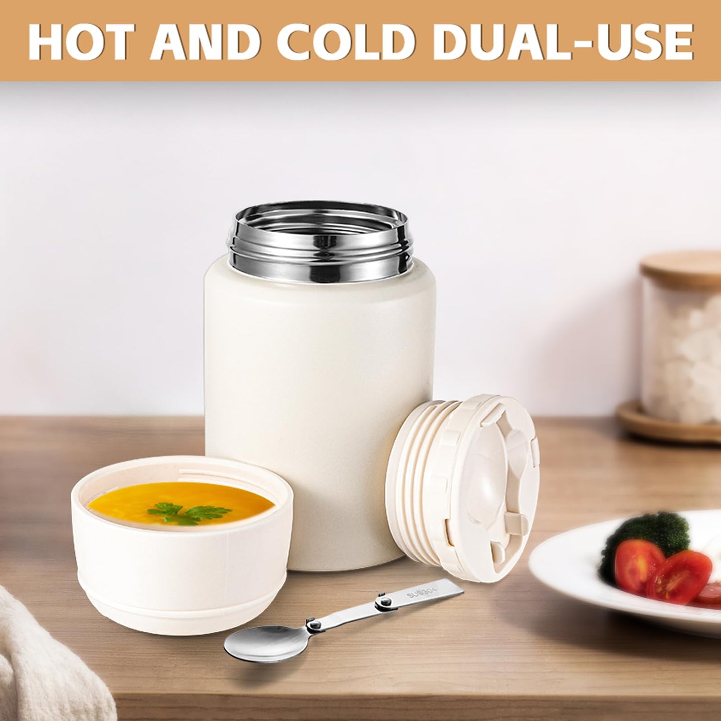 zeeooil Insulated Food Jar 17oz Thermos for Hot Food Stainless Steel Lunch Container with Spoon Leakproof Soup Thermo for Travel (White)