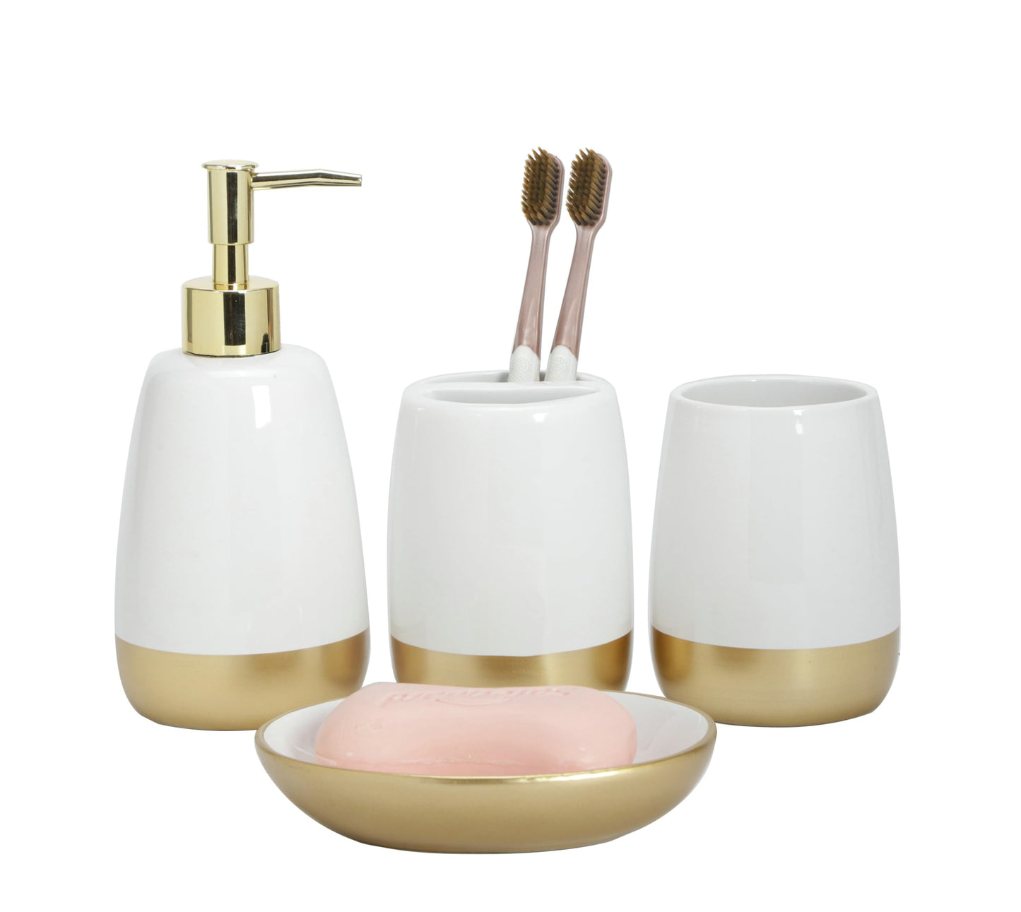 Elegant White with Gold Bathroom accesory Set 4pc,Toothbrush Holder soap Dispenser soap Dish Tumbler Cup for Bathroom Decor Morden Style (White 2)