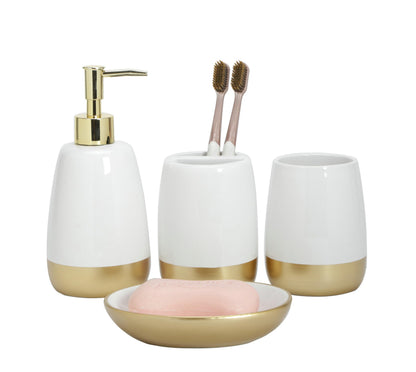 Elegant White with Gold Bathroom accesory Set 4pc,Toothbrush Holder soap Dispenser soap Dish Tumbler Cup for Bathroom Decor Morden Style (White 2)