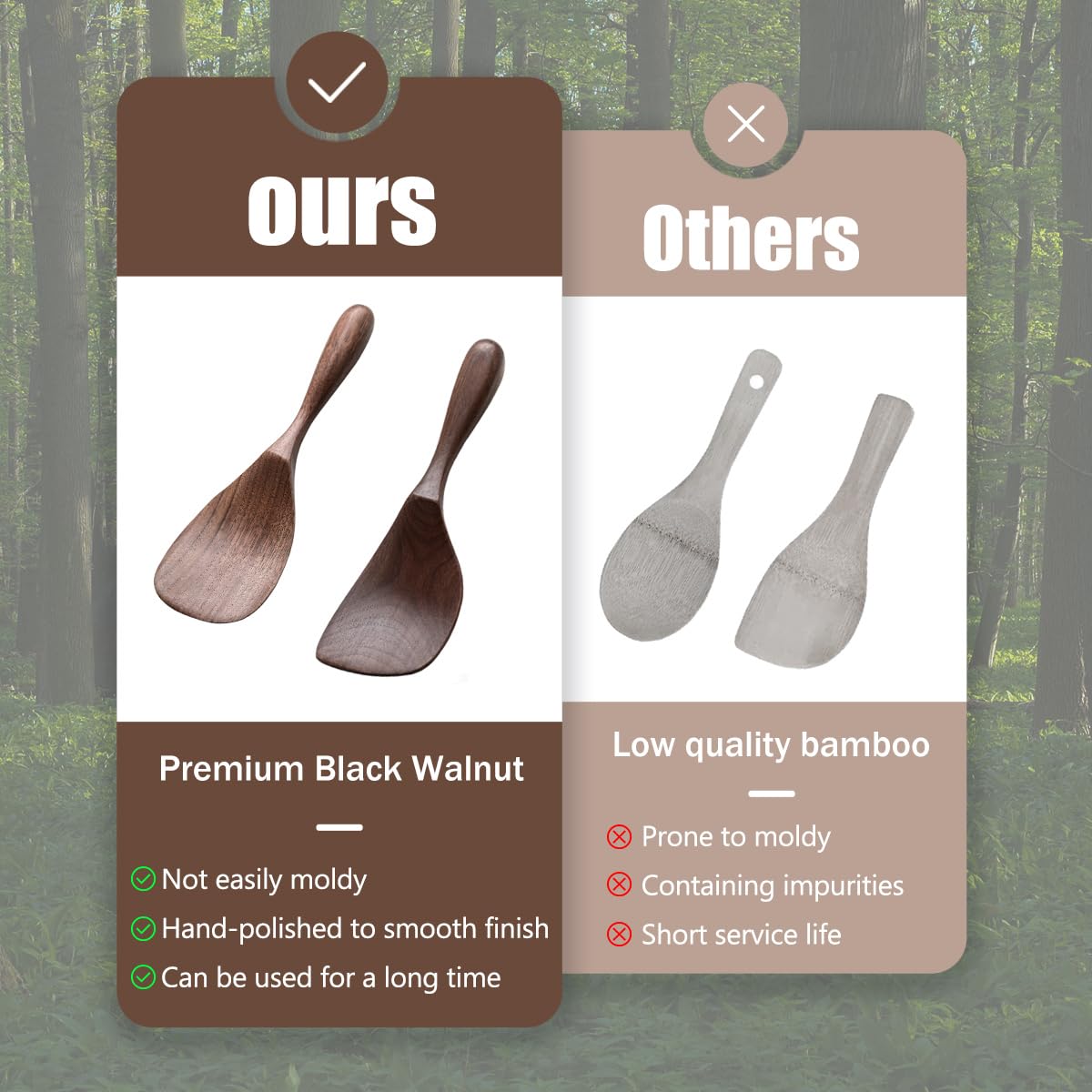 MIGAKU HOME Black Walnut Wooden Cooking Spoons Set - 1 Flat + 1 Angled Rice Scooper, Durable & Eco-Friendly for Cooking & Serving - Perfect for Kitchen Enthusiasts and Gourmet Lovers