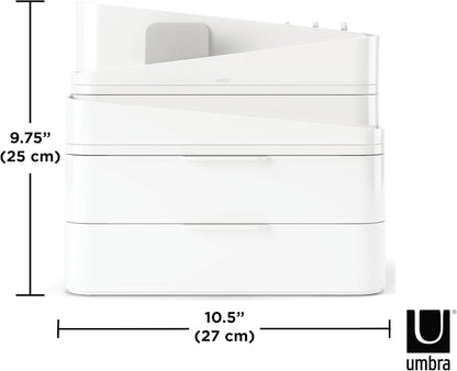 Umbra Glam Organizer, Large Makeup Organizer with Three Drawers, Rubber Feet and Removable Dividers, White/Grey