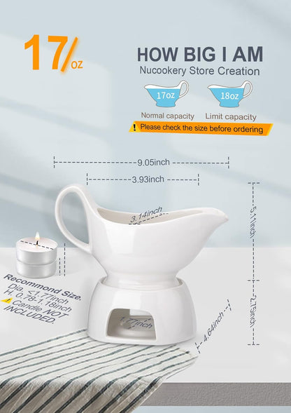Nucookery Large Classic Gravy Boat with Warmer, 17 Oz, White Fine Porcelain, Microwave & Freezer Safe
