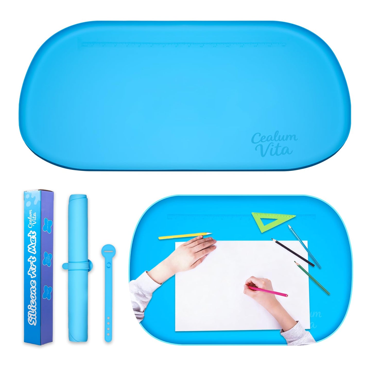 CealumVita 24"x16" Oval Silicone Mats for Crafts - Non-Slip Painting Mat with Raised Edges, Reusable Table Protector for Resin, Clay, Paint ，Playdough ，Jewelry-Making & Crafts Creation (Blue)