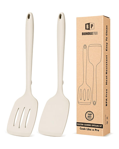 Pack of 2 Silicone Spatula Turners, Non Stick Slotted Kitchen Spatula Set, Heat Resistant BPA Free Kitchen Utensils, One-Piece Design, Suitable for Flipping Fish, Eggs, Steak, Pancakes(KHAKI)
