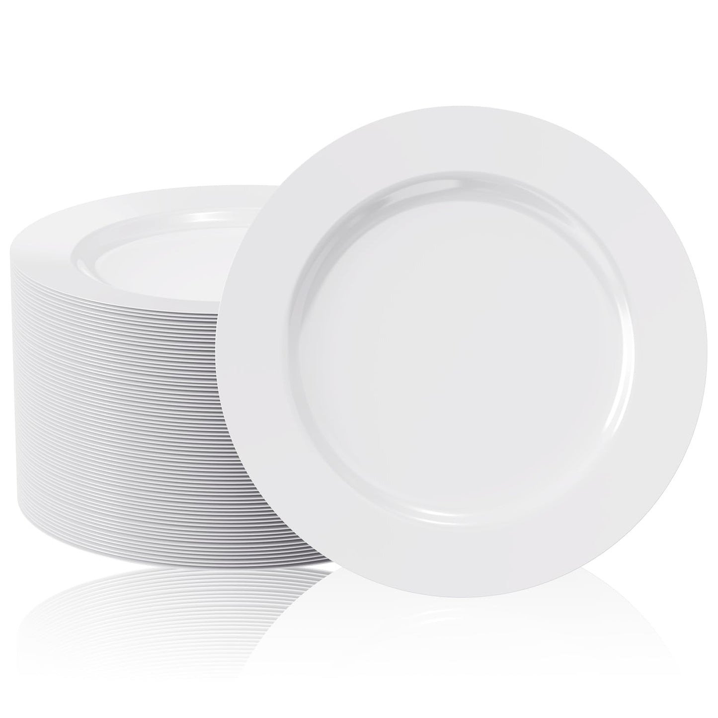 FOCUSLINE 100 Count White Plastic Plates 10 Inch, Disposable Heavy Duty Dinner Plates- Premium Hard Plastic Plates Fancy Disposable White Plates for Weddings, Parties and Events
