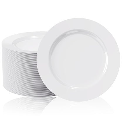 FOCUSLINE 100 Count White Plastic Plates 10 Inch, Disposable Heavy Duty Dinner Plates- Premium Hard Plastic Plates Fancy Disposable White Plates for Weddings, Parties and Events