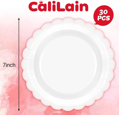 Regine Switzerland 30 Pcs Pink & White Scalloped Paper Plates - 7 Inch Disposable Dinnerware Set for Parties & Celebrations