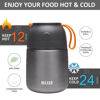Insulated Thermo Food Jar for Hot & Cold Food for Kids Adult, 17&24 oz Soup Thermal Hot Food Containers for Lunch, Triple Layer Insulation Stainless Steel Food Jar with Spoon (2 Pack Grey)
