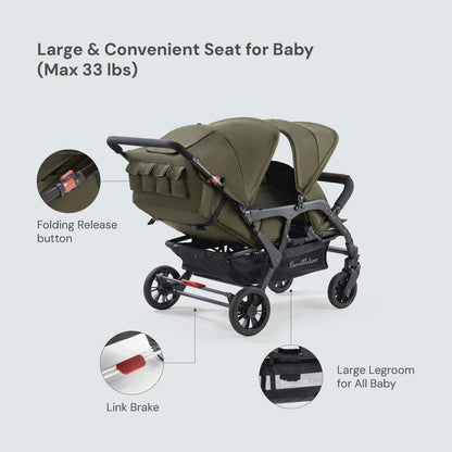 Familidoo H4E Quad Lidoo Lite 4-Seater Stroller Wagon for Kids, Lightweight & Foldable with Reclining Seats, 5-Point Harness, Double Canopy & Rain Cover (Olive)